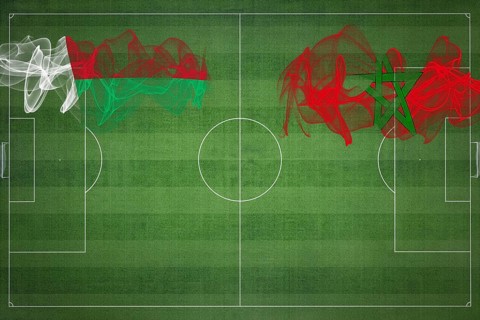 Madagascar vs Morocco Soccer Match, national colors, national flags, soccer field, football game,