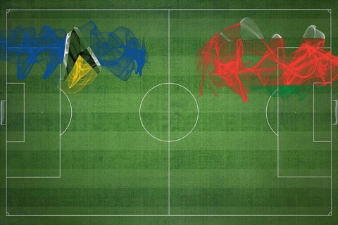 Saint Lucia vs Oman Soccer Match, national colors, national flags, soccer field, football game,