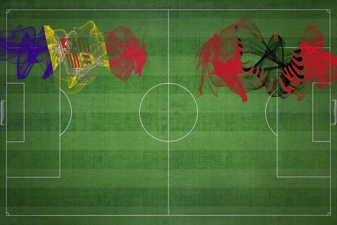 Andorra vs Albania Soccer Match, national colors, national flags, soccer field, football game,