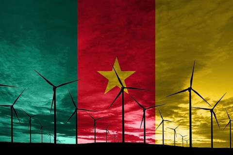 Cameroon flag wind farm at sunset, sustainable development, renewable energy Wind Turbines