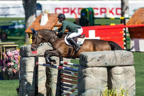 Michael Pender of Ireland, riding HHS Calais competes in the BMO Nations Cup during the CSIO Spruce