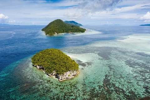 Aerial view of Cape Kri and Koh Island, Raja Ampat, West Papua, Indonesia, Asia