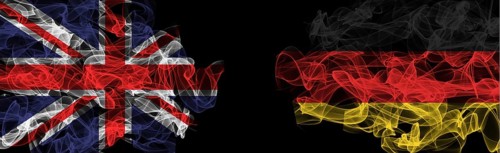 Flags of Union Jack and Germany on Black background, Union Jack vs Germany Smoke Flags