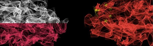 Flags of Poland and China on Black background, Poland vs China Smoke Flags