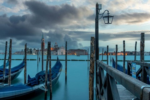 Moored Gondolas during High Tide at the St Marks Square in the Early Evening, Venice, Italy, Europe