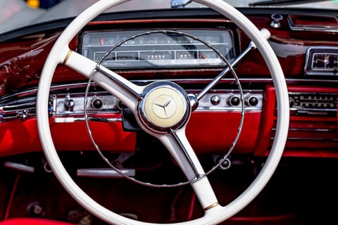 Vintage Mercedes-Benz 220 S cabriolet, built in 1957, 2195 cc, 100 hp, 160 km/h, close-up of the