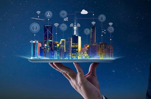 Waiter hand holding an empty digital tablet with Smart city with smart services and icons, internet