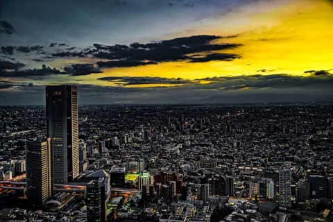 Shinjuku of city landscape and sunset visible from the observatory of the Tokyo Metropolitan