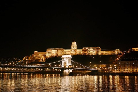 Panorama of the city with the ensemble of the Royal Palace in Budapest at night with illumination.