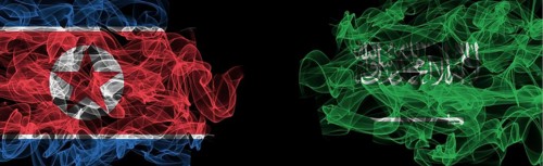 Flags of North Korea and Saudi Arabia on Black background, North Korea vs Saudi Arabia Smoke Flags