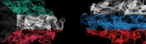 Flags of Kuwait and Russia on Black background, Kuwait vs Russia Smoke Flags
