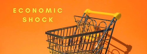 ECONOMIC SHOCK text Empty shopping trolley cart on colorful orange background. Online shopping, buy