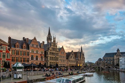 Ghent Belgium, city skyline at St Michael's Bridge (Sint-Michielsbrug) with Leie River and Korenlei