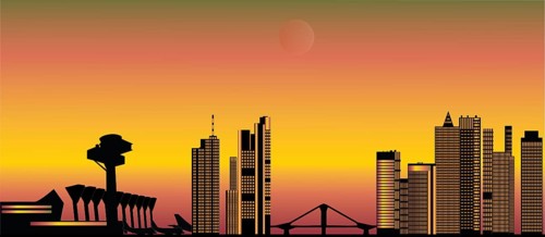 Frankfurt germany city skyline with airport and planes and the bridge and architecture during