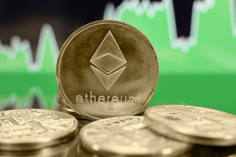 Ethereum ETH cryptocurrency coin on the green chart background. Bubble or bull trend concept