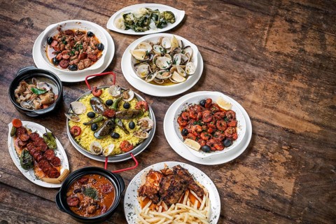 Mixed portuguese traditional rustic tapas famous food selection on wood table