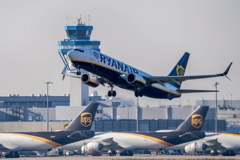 Ryanair Boeing 737 on take-off, air cargo centre, air traffic control tower, Cologne-Bonn Airport,