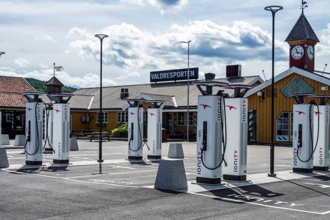 Valdresporten gas and charging station, multiple electric charging stations, Valdres, Norway,