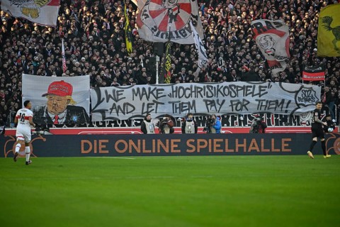 Banner, banner, poster, banner, protest with Donald Trump caricature against the judgement of the