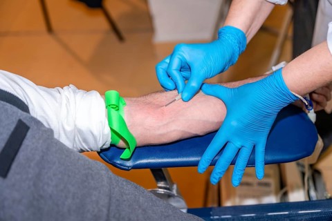 Close-up of the hands of a doctor carefully inserting a needle into the arm of a blood donor
