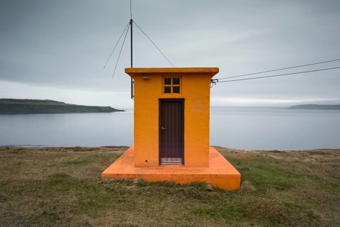 Lighthouse, Drangsnes, Grimsey island in the background, Westfjords, Iceland, Europe
