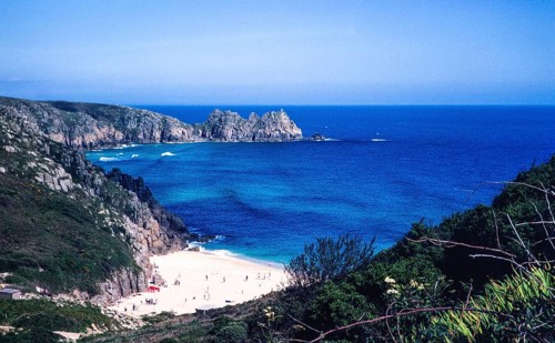 Sandy bay on Porthcurno beach, Cornwall, England, UK 1982