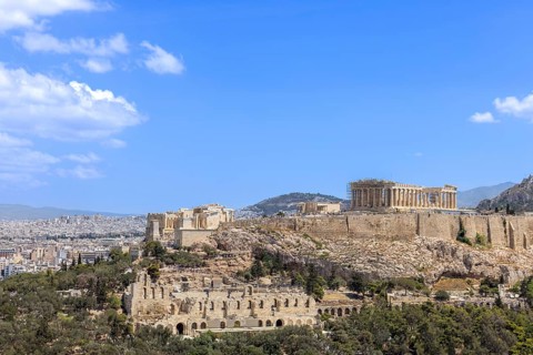 Ancient landmark citadel Acropolis of Athens seen from the Hill of the Muses, Philopappos Hill