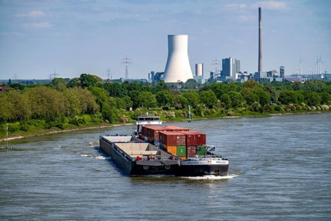 Cargo ship Mellizo, container freighter, only partly loaded, on the Rhine near Duisburg-Baerl, in