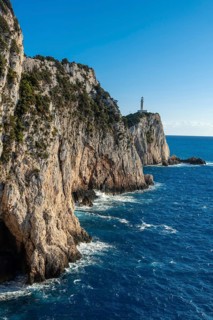 Blue sea at the Lighthouse or Cape Ducato Lefkas in the southern part of the Greek island of