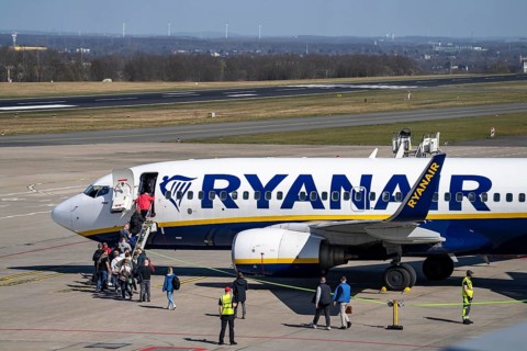 Dortmund Airport, Ryanair Boeing 737 on the apron, passengers boarding, regional airport, many