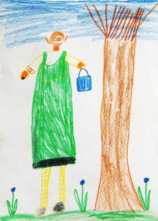 Naive illustration, children's drawing, girl standing on a flower meadow next to a tree