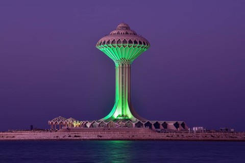 Illuminated water tower on the Corniche, blue hour, blue hour, Al Khobar, Ash Sharqiyah province,