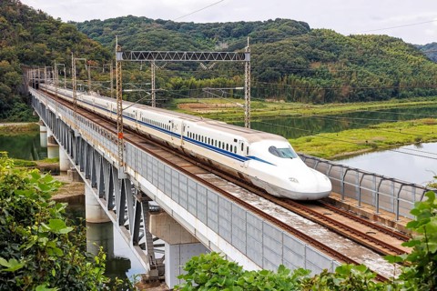 Shinkansen type N700 high-speed train of Japan Rail JR train on the Sanyo Shinkansen line in