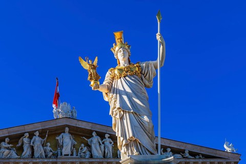 Pallas-Athena Fountain, The goddess of wisdom, holding a spear in her left hand, the goddess of