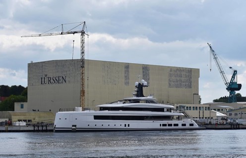 Superyacht HAVEN in front of the Lürssen shipyard near Rendsburg, Schleswig-Holstein, Germany,