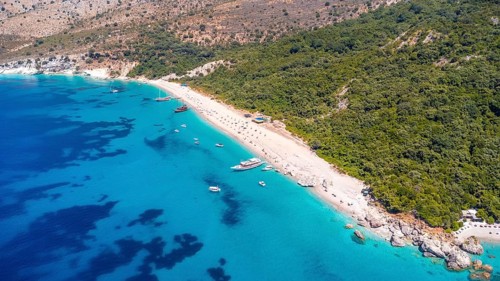 Aerial drone view of the paradise beach of Kroreza or Krorez on the Albanian riviera in Sarande,