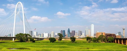 Dallas skyline at the Trinity River and Margaret Hunt Hill Bridge Panorama in Texas Dallas, USA,