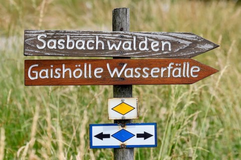 Signpost at the Gaishölle waterfalls, Sasbachwalden, Hiking, Black Forest, Baden-Württemberg,