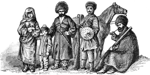 Portrait of a group of Caucasians with men, woman and child, inhabitants of the Caucasus region,