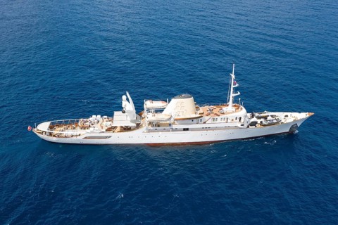 Aerial view 99 metre long motor yacht Christina O, former frigate built in 1942 by Canadian