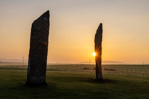 Stones of Stenness Circle and Henge at sunrise, stone circle and henge, Neolithic monument, UNESCO