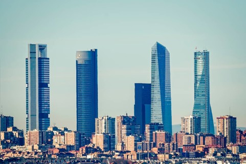 Madrid, Spain, December 31, 2021: Cityscape of Cuatro Torres Business Area. Financial district,