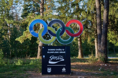 Olympic rings, commemoration of the 1984 Sarajevo Winter Olympics, on Mount Trebevic, Sarajevo,