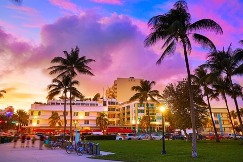 Miami Beach South Beach sunset in Ocean Drive Florida Art Deco