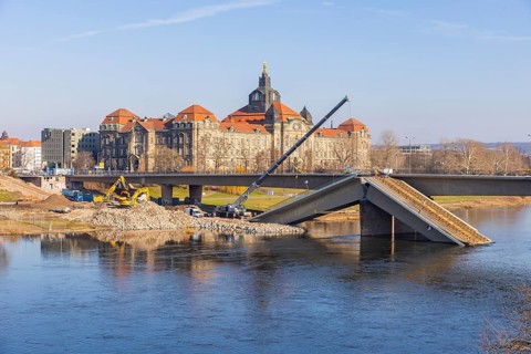 Demolition work continues after the partial collapse of the Carola Bridge, Dresden, Saxony,