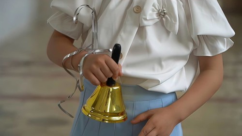 Little girl ringing a bell in the school classroom, closeup