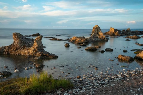 The famous limestone cliffs (Raukar) of Folhammer near Ljugarn on the island of Gotland in the