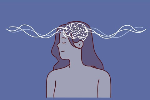 Woman uses telepathy or telekinesis, posing with waves spreading from brain to exchange information