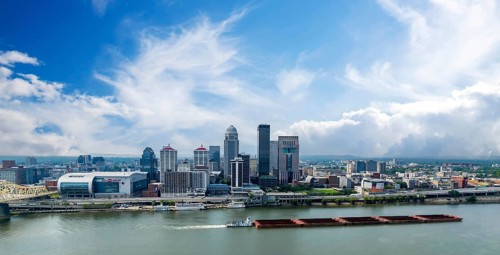 Aerial view of the city of Louisville, Kentucky on the Ohio River