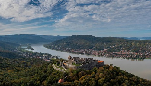 Visegrad, Hungary, 6 October, 2022: panorama landscape of the Danube Bend in Visegrad with the